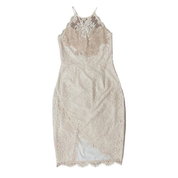 Saylor Size Small Lace Halter Mini Dress Beige Bridal Shower Feminine High Neck - Picture 3 of 13